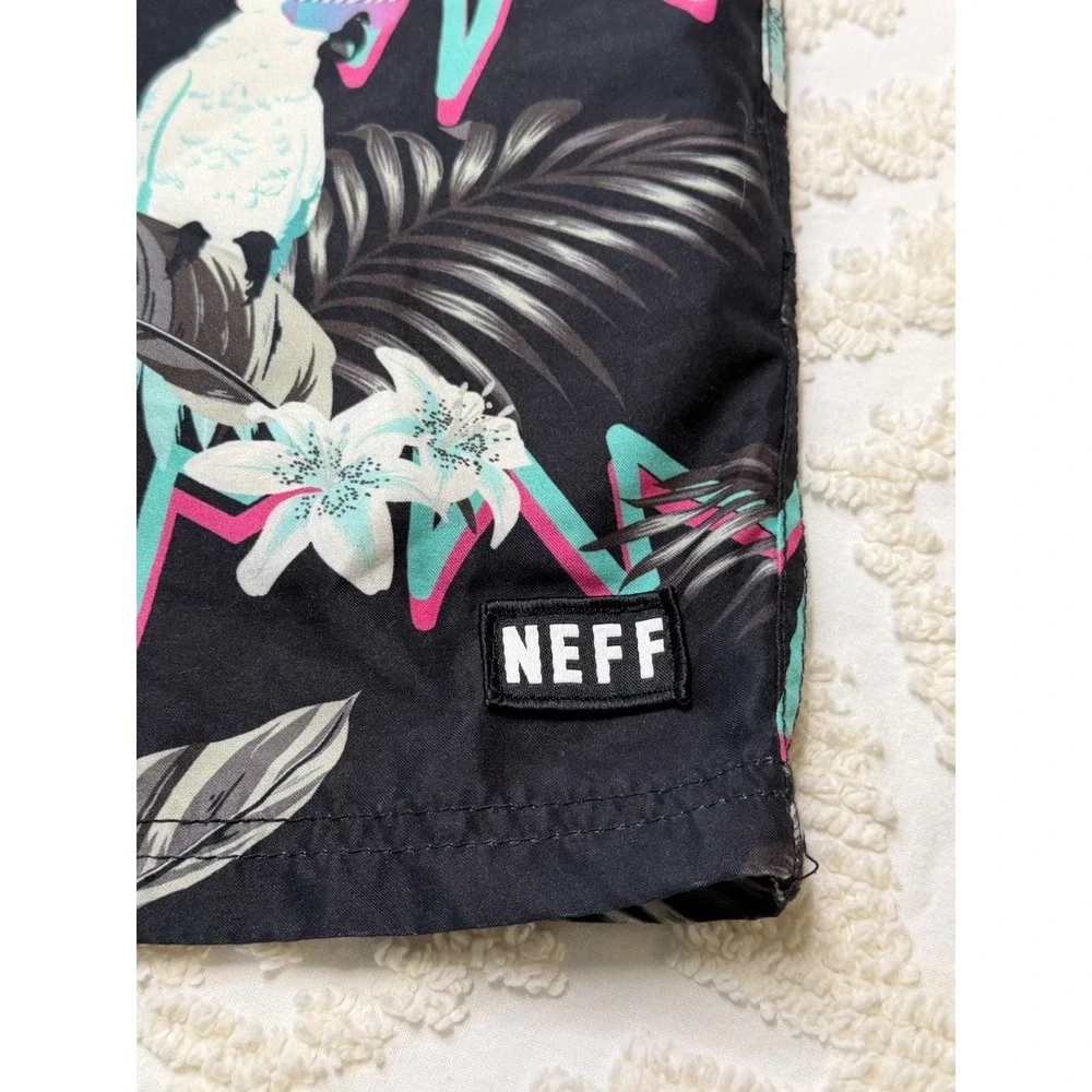Neff‎ Tropical Cockatoo Board Shorts Black Teal Medium Swim Trunks Retro Surf